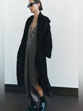 Zara Black Long Cable Knit Cardigan Sweater Coat